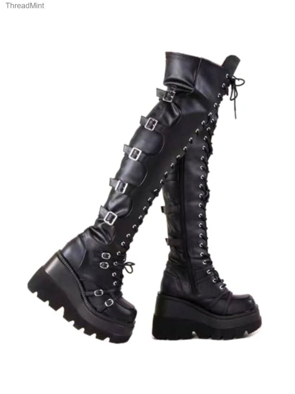 Over Knee Thigh High Platform Goth Boots Chunky Heel Lace Up Side Zip Faux